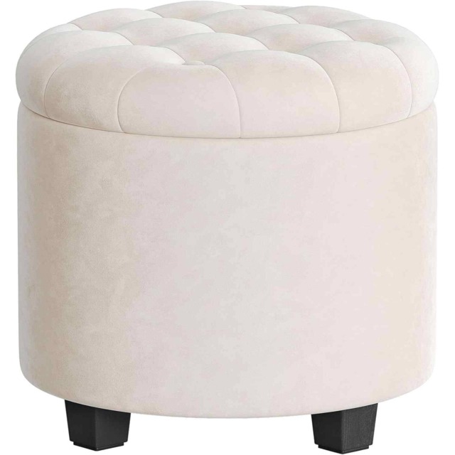 Round Velvet Ottoman with Hidden Storage, Foot Rest Stool with Legs for Living Room and Bedroom, Cream White