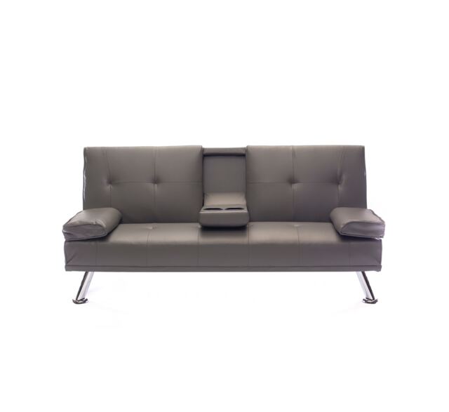 Odeon Faux Leather Click-Clack Sofa Bed with Cup Holders & Chrome Legs - Grey Grey Grey 1