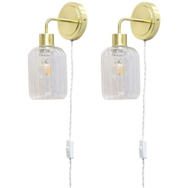Set of 2 Toby - Satin Brass Plug in Wall Lights Ribbed Glass Shades