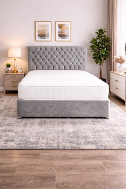 4FT6 Double Misty Silver Coniston Divan Bed Set with Headboard & Orthopedic Mattress 2 Drawers One Each Side