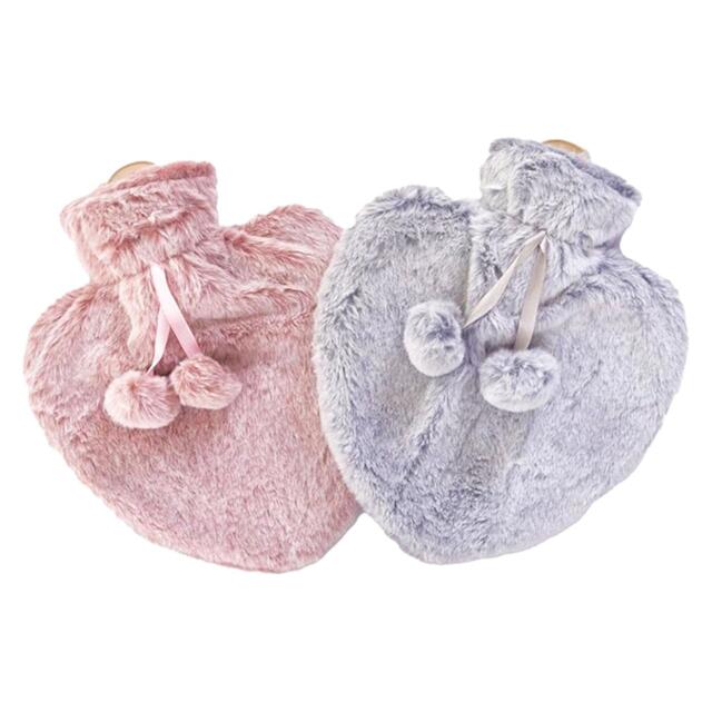 K Collection Heart Pom Pom 1L Hot Water Bottle Cover (Pack of 2) Pink Pink/Grey One Size 1