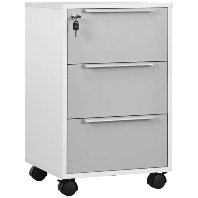 HOMCOM 3-Drawer Lockable Filing Cabinet, File Cabinet on Wheels, Mobile Office Storage Drawers for Home Office, Bedroom and Living Room, White and Grey White White and Grey