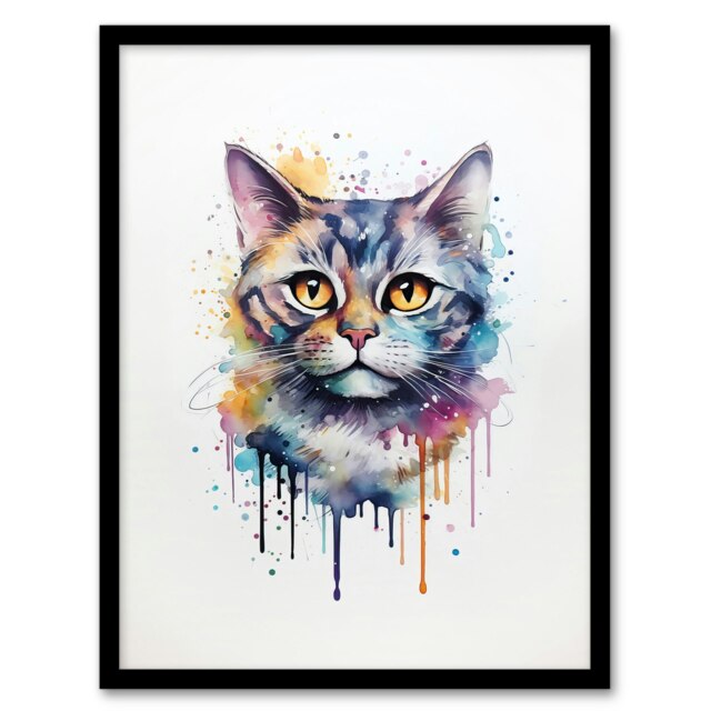 Cat British Shorthair Watercolour Pet Home Decor Black Framed Wall Art Print A4