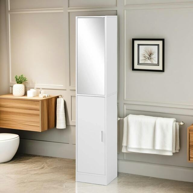 Tall Bathroom Storage Cupboard With Mirror White White