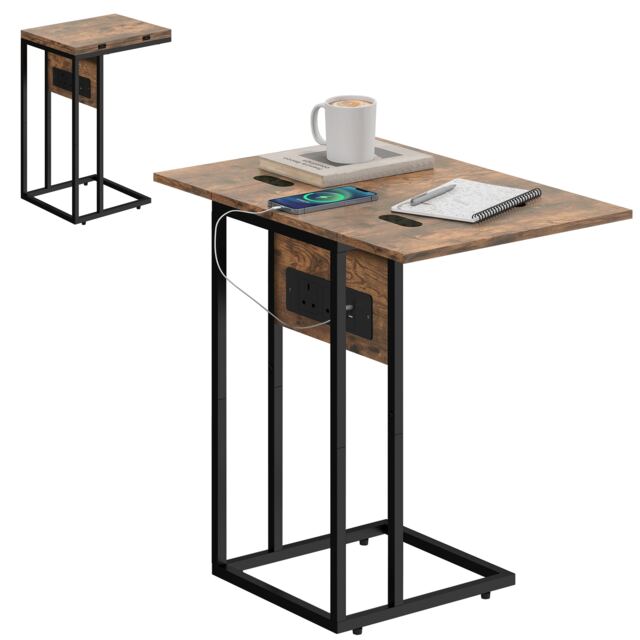 HOMCOM C Shaped Side Table with Charging Station and Foldable Top Brown