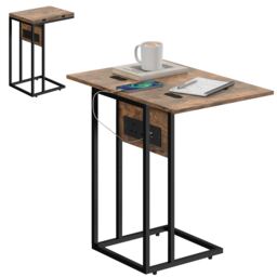 HOMCOM C Shaped Side Table with Charging Station and Foldable Top Brown