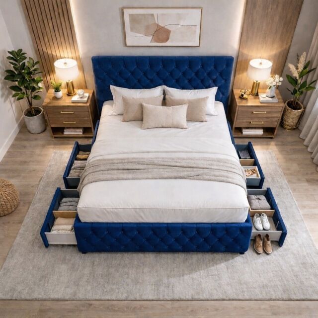 Chesterfield blue 4ft6 double divan bed with footboard and headboard set 4 Drawers