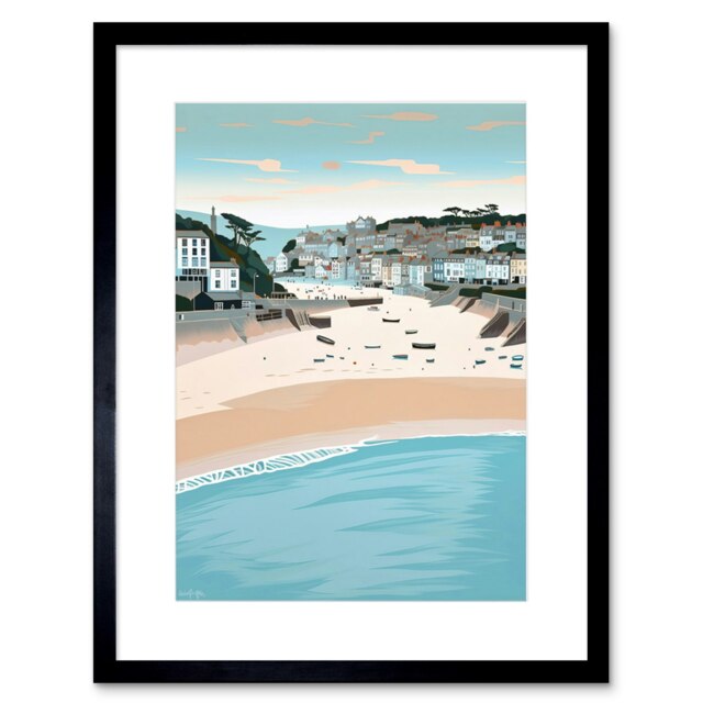 "St Ives Bay Beach Summer Pastel Colour 9x7"" Black Framed Wall Art Print"