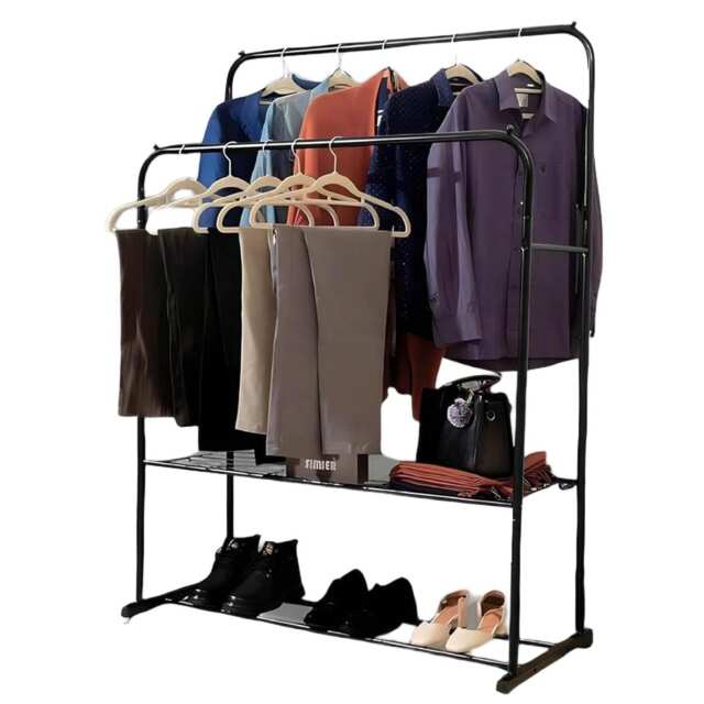 House of Home Double Clothes Rail with Shoe Rack Heavy Duty Metal Garment Hanger Hat Bag Hooks