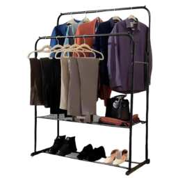 House of Home Double Clothes Rail with Shoe Rack Heavy Duty Metal Garment Hanger Hat Bag Hooks