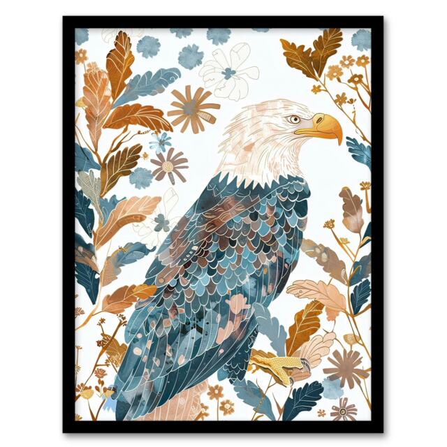 Bald Eagle on Autumn Tree Watercolour Folk Art Black Framed Wall Art Print A4