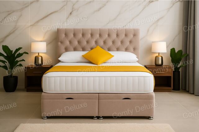 End Lift Beige Chesterfield 3ft Single Ottoman Divan Bed Set Headboard and Mattress