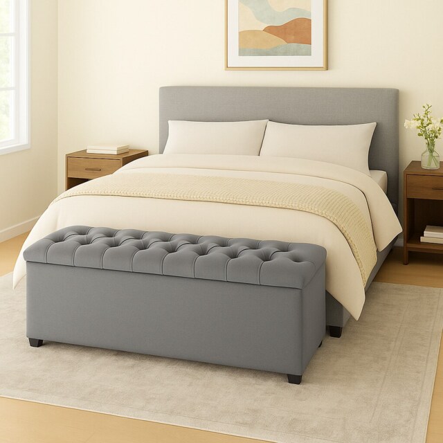 90cm Chesterfield Plush Velvet Grey Upholstered Storage Ottoman Bench - Deep Tufted Lid & Wooden Leg