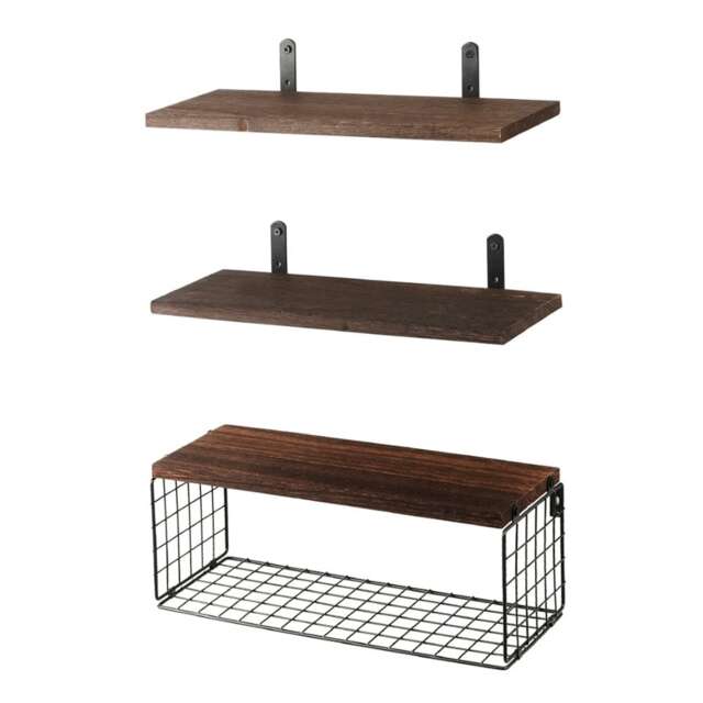 Living and Home 3Pcs Wooden Wall Floating Shelves with Basket