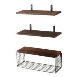 Living and Home 3Pcs Wooden Wall Floating Shelves with Basket