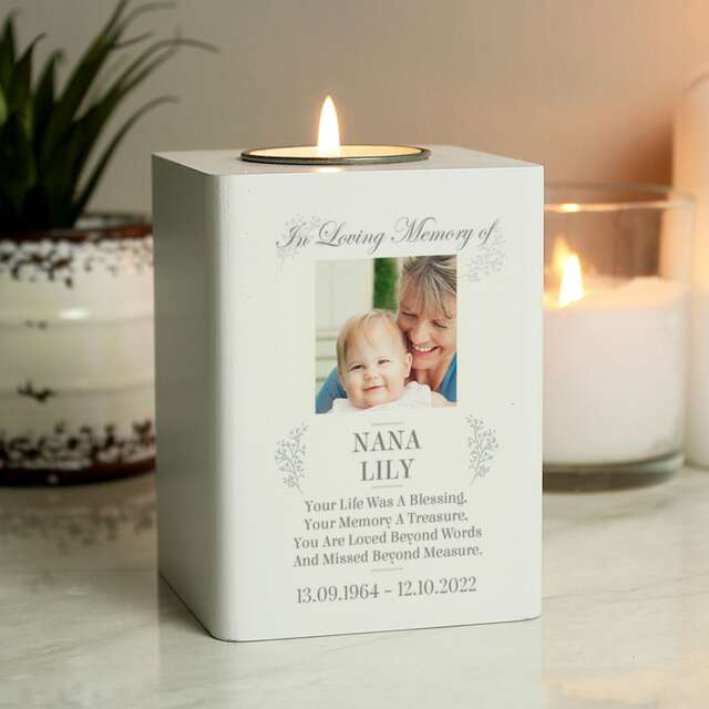 Personalised Memorial Photo Upload White Wooden Tea light Holder White