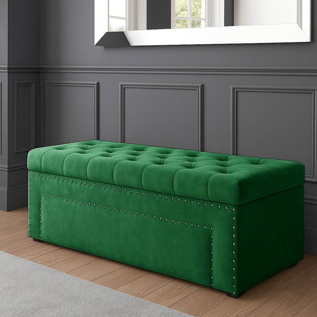 120cm Duke Ottoman Storage Box -Upholstered Blanket Box - Forest Green Plush Velvet Multifunctional Storage Box