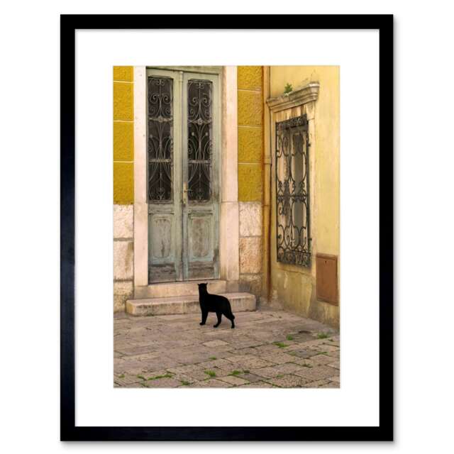 "Photo Black Cat Contrast Yellow Brick Old Door 12x16"" Framed Wall Art Print"