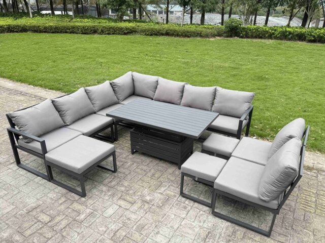 Fimous 11 Pieces Aluminium Garden Furniture Set with Cushions, Patio Furniture Set with Adjustable Rising Lifting Dining Table 3 Footstools Dark Grey