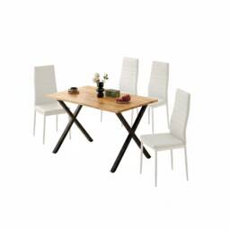 Brown Wooden Dining Set with 4 White Padded Faux Leather Chairs