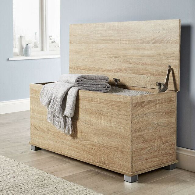 Ottoman Storage Chest Toy Bedding or Blanket Box Large Wooden Home Brown Oak