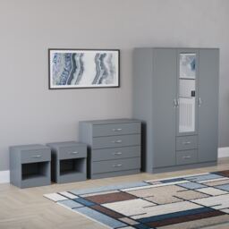 Vida Designs Riano 4 Piece Bedroom Set (2x 1 Drawer Bedside Chest, 4 Drawer Chest, 3 Door 2 Drawer Mirrored Wardrobe) - Grey