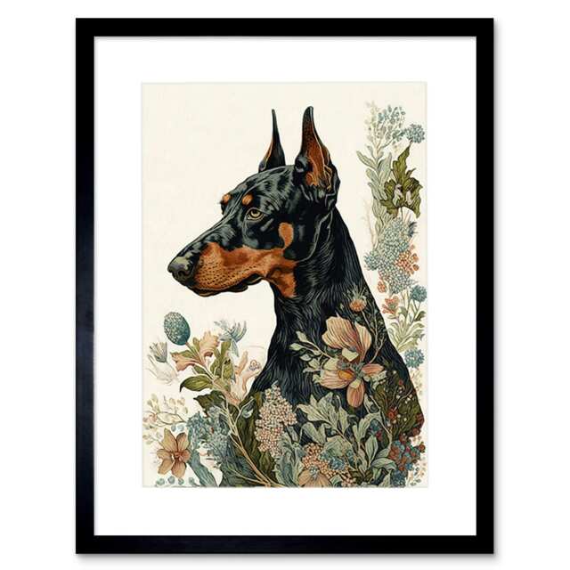 "Doberman Dog Wild Flowers Boho Watercolour 9x7"" Black Framed Wall Art Print"