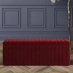 90cm Wide Lux Ottoman Storage Box, Red Velvet Upholstered Full Striped Storage Ottoman Box