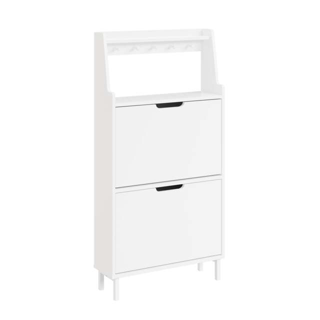 SoBuy White Shoe Cabinet with 2 Flip-Down Doors, Open Top Shelf & Hooks, 23.6x7.4x46.8 in, 16.9 kg - FSR221-W
