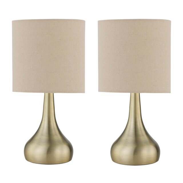 Set of 2 Romana - Antique Brass Touch Table Lamp with Linen Shades