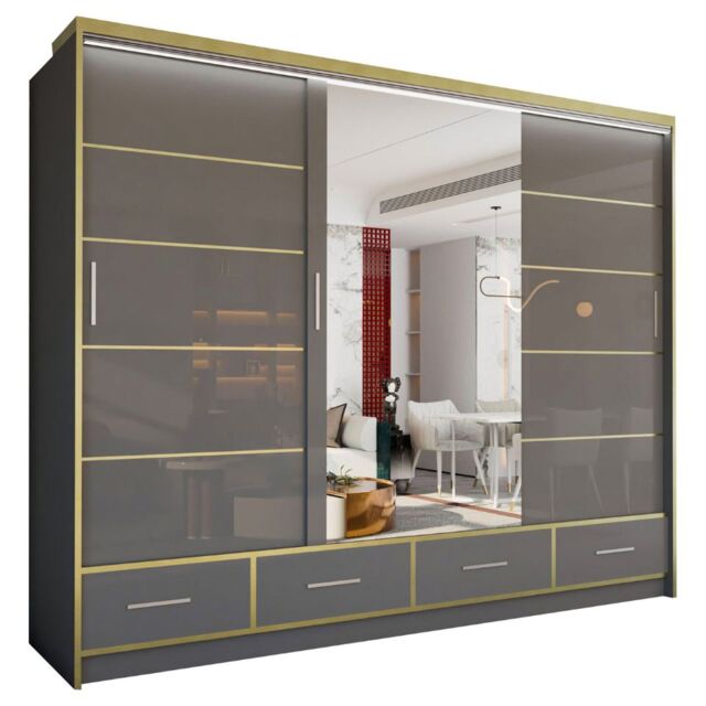 Sliding Wardrobes 4U Sydney High Gloss Sliding Wardrobe with Mirror, LED & Drawers - 203cm or 253cm Grey Grey203cm 253cm