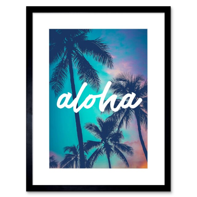 "Aloha Palm Trees Summer Hawaii Sunset 9x7"" Black Framed Wall Art Print"