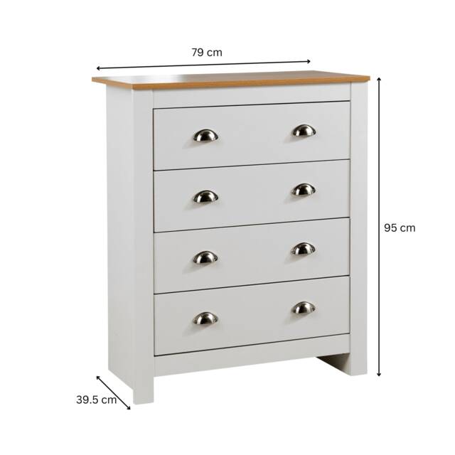 Chest 4 Drawers Bedroom Furniture Oak Top Metal Handles White