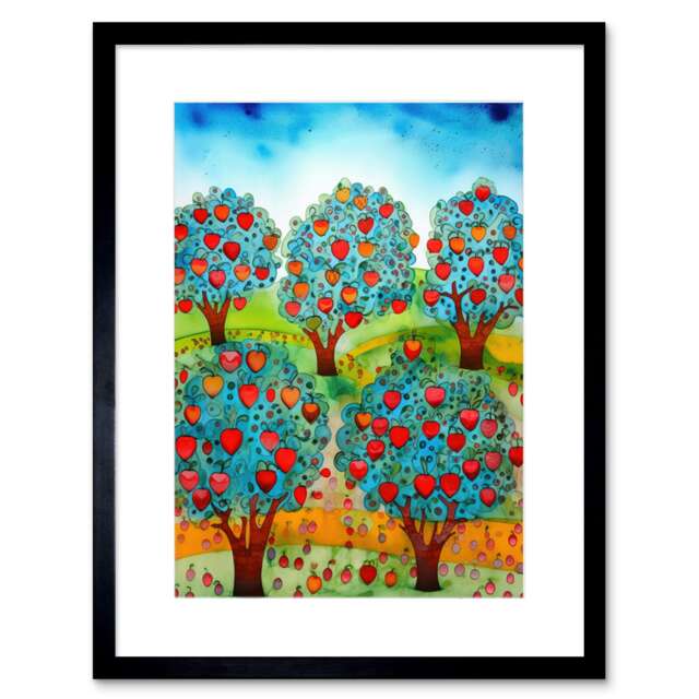 "Apple Orchard Trees Ready For Harvest Folk Art Landscape 9x7"" Black Framed Wall Art Print"