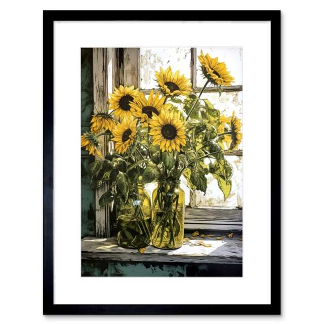 "Sunflowers Still Life Watercolour Flowers Farmhouse 9x7"" Black Framed Wall Art Print"
