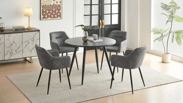 SONARA Black Marble Round Dining Table and 4 Faux Suede Chairs Set Modern 4 Seater for Dining Room