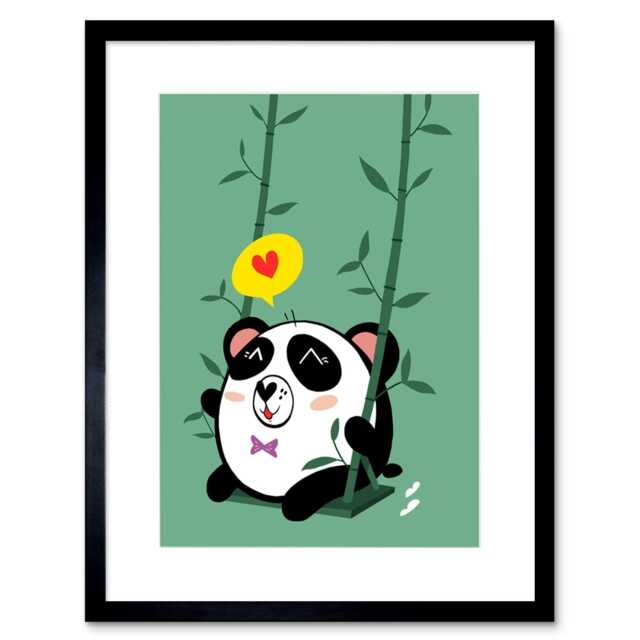 "Kawaii Panda Swing Cartoon Kids Bedroom Nursery 9x7"" Black Framed Wall Art Print"