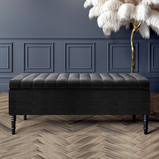 120cm Paris Striped Ottoman Storage Bench -Upholstered Shoes Bench with Black Turned Wooden Legs - Black Naple Ottoman Bench