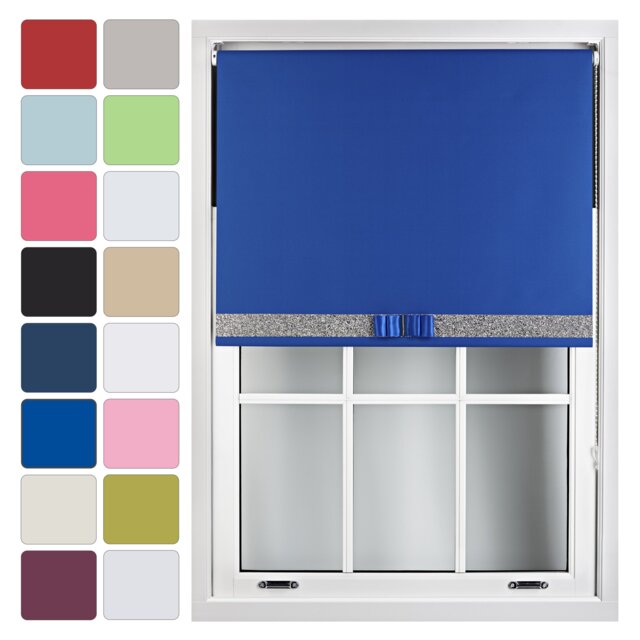 FURNISHED Blackout Roller Blinds with Glitter Trim and Bow Insulated Designed Window Shade Blue Blue (W) 120cm x (L) 165cm