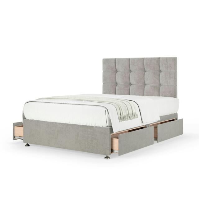 Memory Maestro Memory Foam Seal Grey Naples Velvet 4 Drawer Divan Set And Pearl Headboard King Size