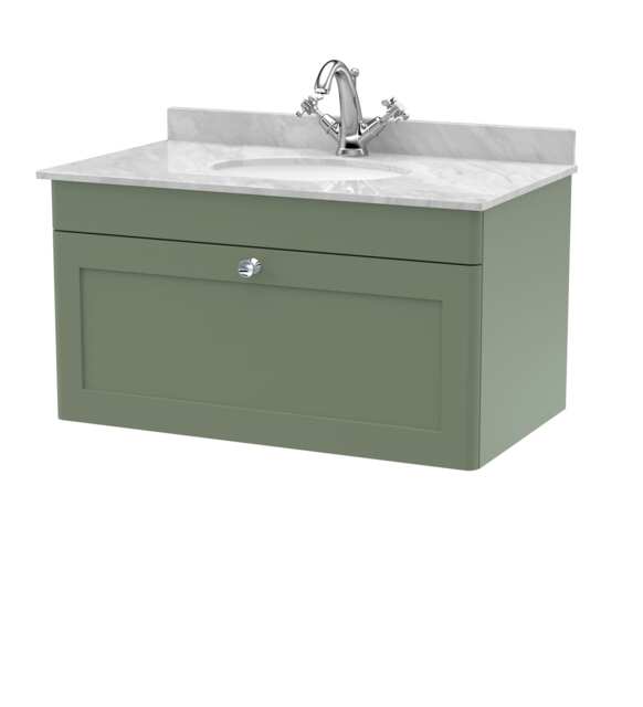 Balterley Swynnerton Traditional 1 Drawer Wall Hung Vanity Unit with Marble Basin, Satin Green, 800mm