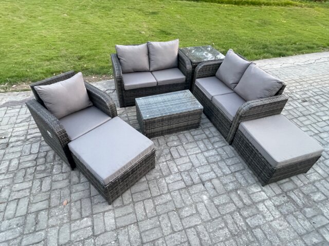 Fimous 7 Seater High Back Rattan Garden Furniture Set with Loveseat Sofa Rectangular Coffee Table 2 Big Footstool Side Table Indoor Outdoor Patio Lounge Sofa Set Dark Grey Mixed