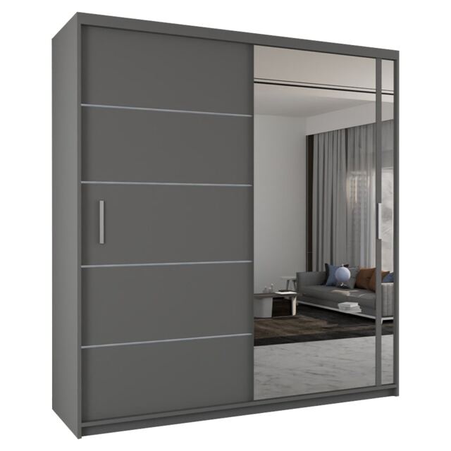 Mirrored Sliding Door Wardrobe - Modern Bedroom Storage - Grey 120cm
