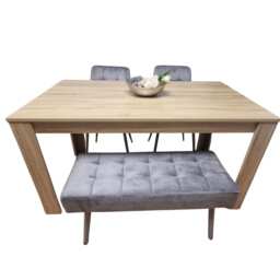 Dining Table and 2 Chairs With Bench Oak Effect Wood Table 2 Grey Velvet Chairs Dining Room