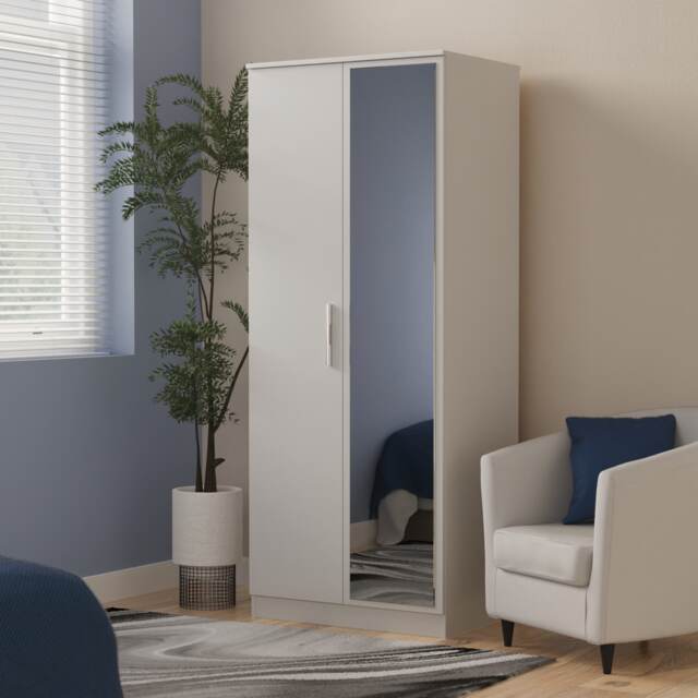 Trent Double Wardrobe with Mirror Door in Grey Matt (Ready Assembled) Grey Grey Matt