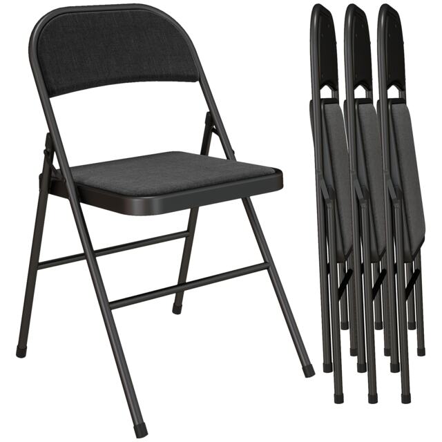 HOMCOM Padded Folding Chairs Set of 4 Linen-Look Foldable Chairs with Cushioned Seat and Metal Frame for Home Office Dining Computer Desk Reception Room Black Black Black
