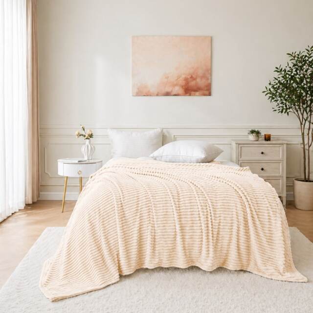 Luxury Supersoft Close Ribbed Fleece Throw Blanket for Bed & Sofa – 200 x 240cm Cream