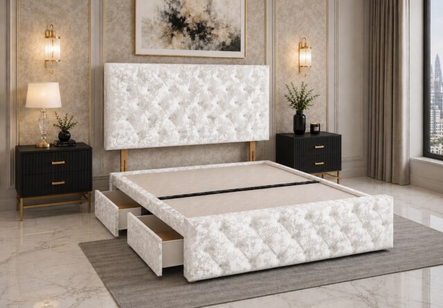 Brooklyn Divan Bed with Upholstered Headboard & Footboard Base - Double White Crush 2 Drawers Storage Right Side in Bed