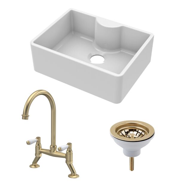 Balterley Fireclay Kitchen Bundle - Single Bowl Butler Sink with Tap Ledge, Waste & Lever Tap - Balterley White White 220.0000 x 595.0000 x 450.0000mm
