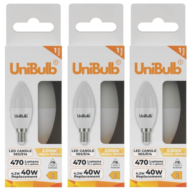 UniBulb LED Candle E14 Small Edison Screw (SES) 470lm 4.2W (Replaces 40W) 3000K (Warm White) Light Bulb - Pack of 3